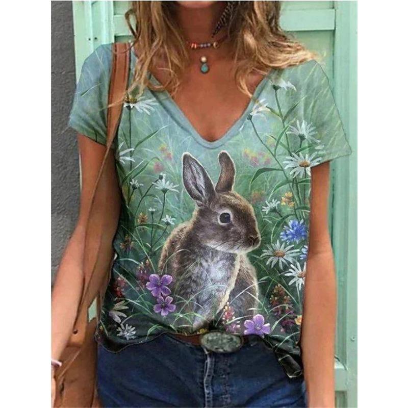 Summer New Casual Daily Versatile Pattern Rabbit 3D Printed Short Sleeved V-neck T-shirt