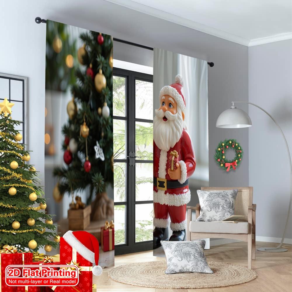 2pcs 2D Flat Printing Christmas Curtain Cute Santa Claus Gifts Christmas Polyester Fabric Without Electricity Party & Holiday