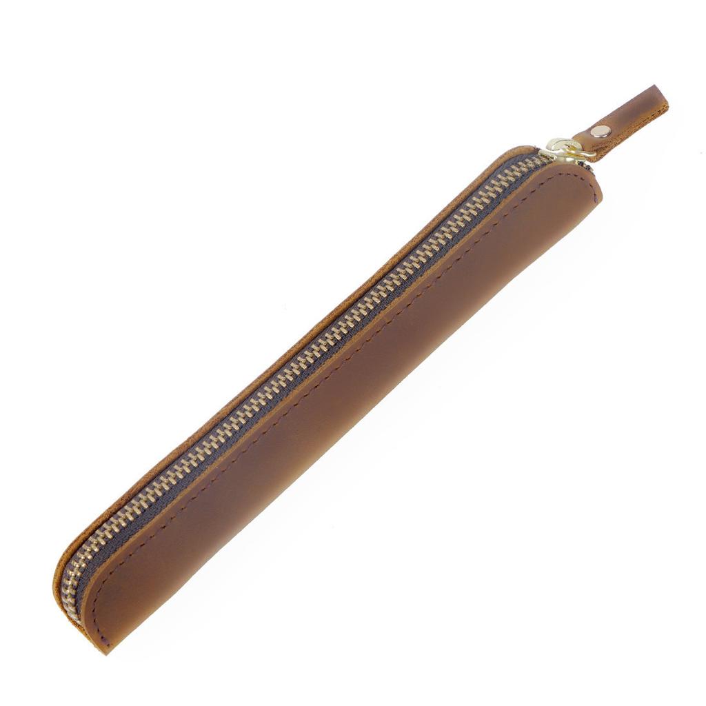 Retro Minimalist Leather Handwritten Cowhide Zipper Pen Case Pen Protection Case Portable Leather Mini Pen Case