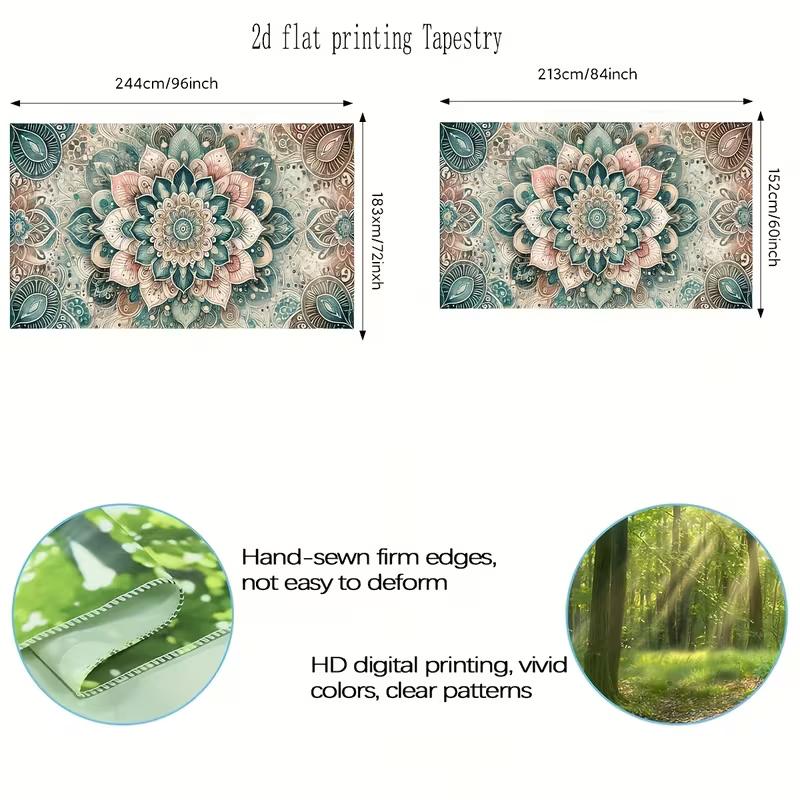 2D Watercolor Mandala Tapestry, Bohemian Teal Pink Flower Background Cloth
