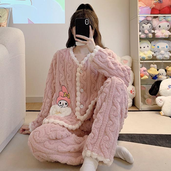 Pyjama Doux en Polaire Grande Taille pour Femmes: Cardigan d'hiver mignon avec du corail pelucheux