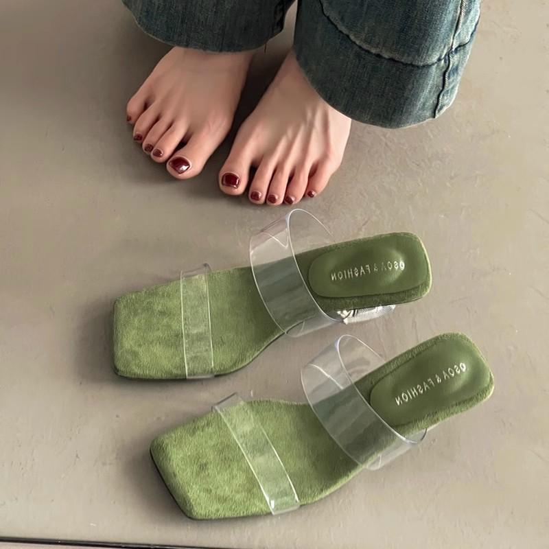 Niche High-end Transparent Belt One-word Wedge Slippers Outer Wear 2025 Summer Fashion Women's Sandals High-heeled Sandals