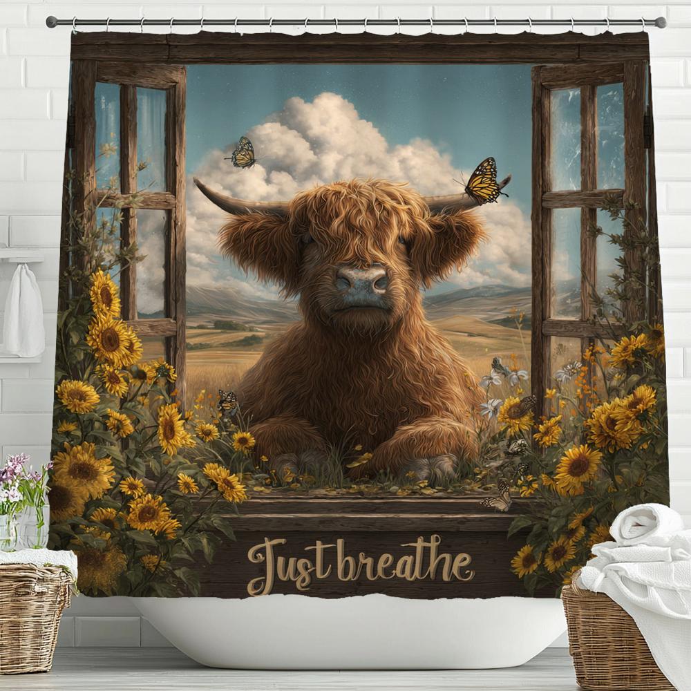 Highland Cow Farmhouse Shower Curtain Funny Farm Animal Flower Wooden Plank Bathroom Decor Vintage Polyester Fabric Bath Curtain