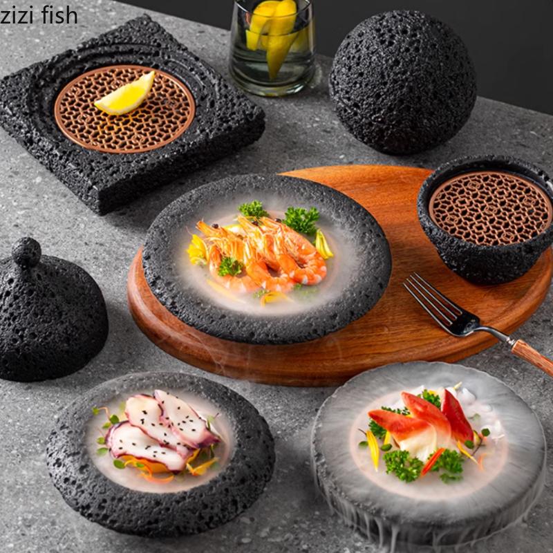 Meteorite Tableware Cement Dining Plate Dry Ice Tray Sashimi Dish Planet Bowl Dessert Bowl Fruit Plates Sushi Plate Steak Plates
