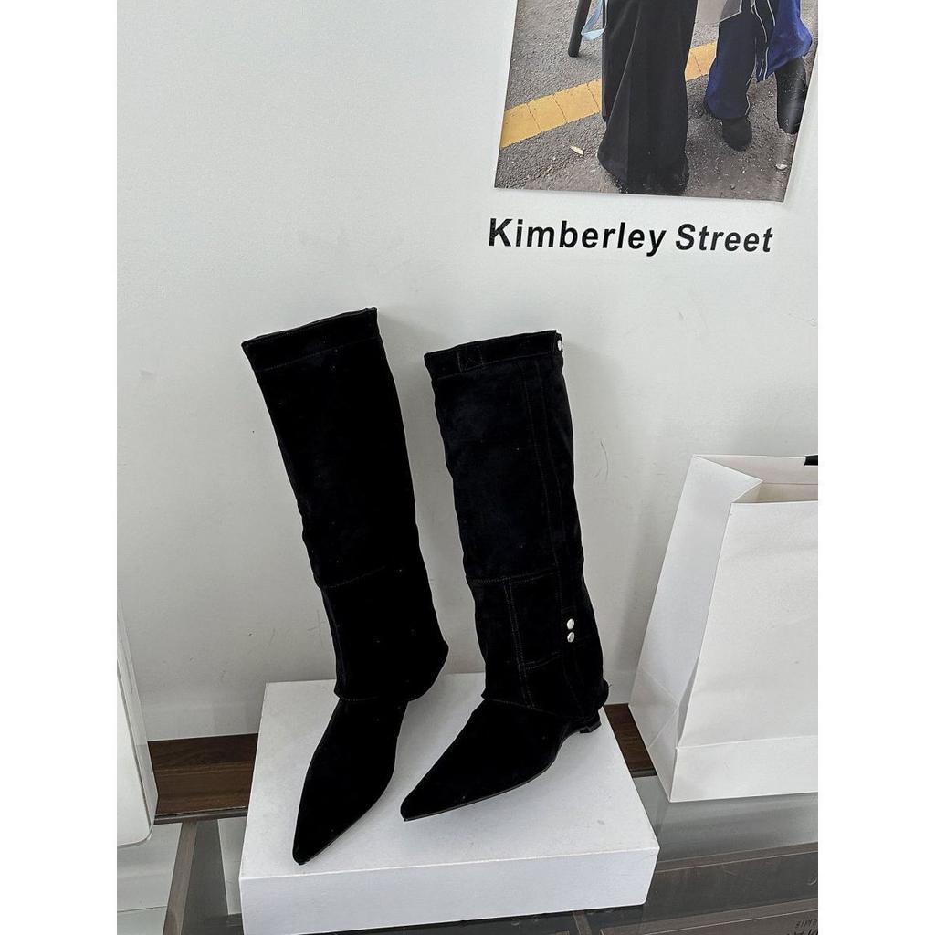 2025 Autumn and Winter New Spice Girl Pointed Thick Heel Knight Boots Trouser Boots Belt Buckle Boots Women's Boots Martin Boots