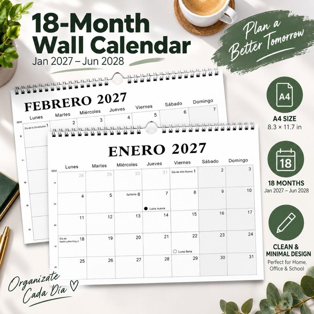 18 Month Spanish Hanging Calendar Jan.2027- Jun. 2028 Planner Calendar Colorful Wall Calendar Home