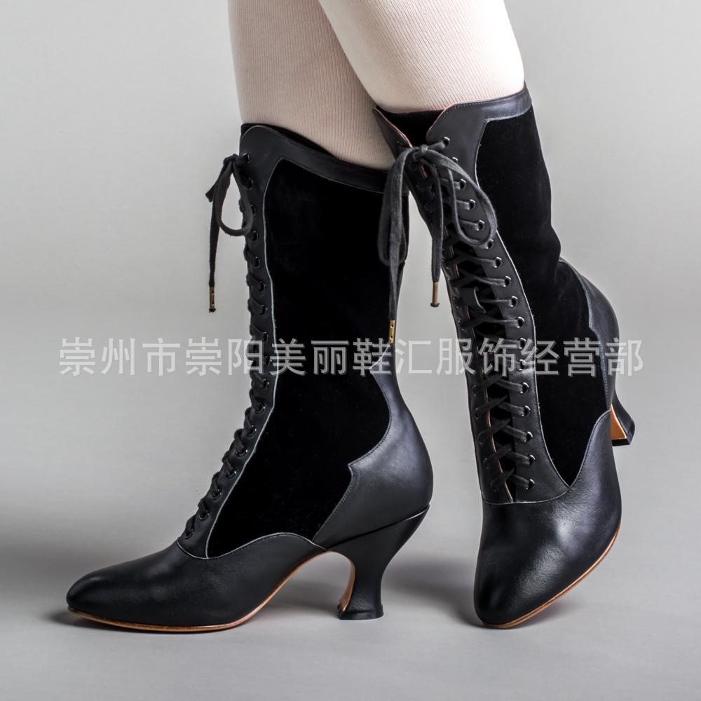 Women's Party Mixed Colors Mid-Calf Boots Pointed Toe Square Heel Lace Up Women Shoes Elegant Retro Fashion Boots Large Size 43