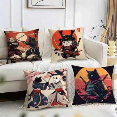 Japanese Style Samurai Cat Cushion Cover Reversible Plush Pillow Cover – For Car, Sofa, Bedroom, Perfect As a Gift.