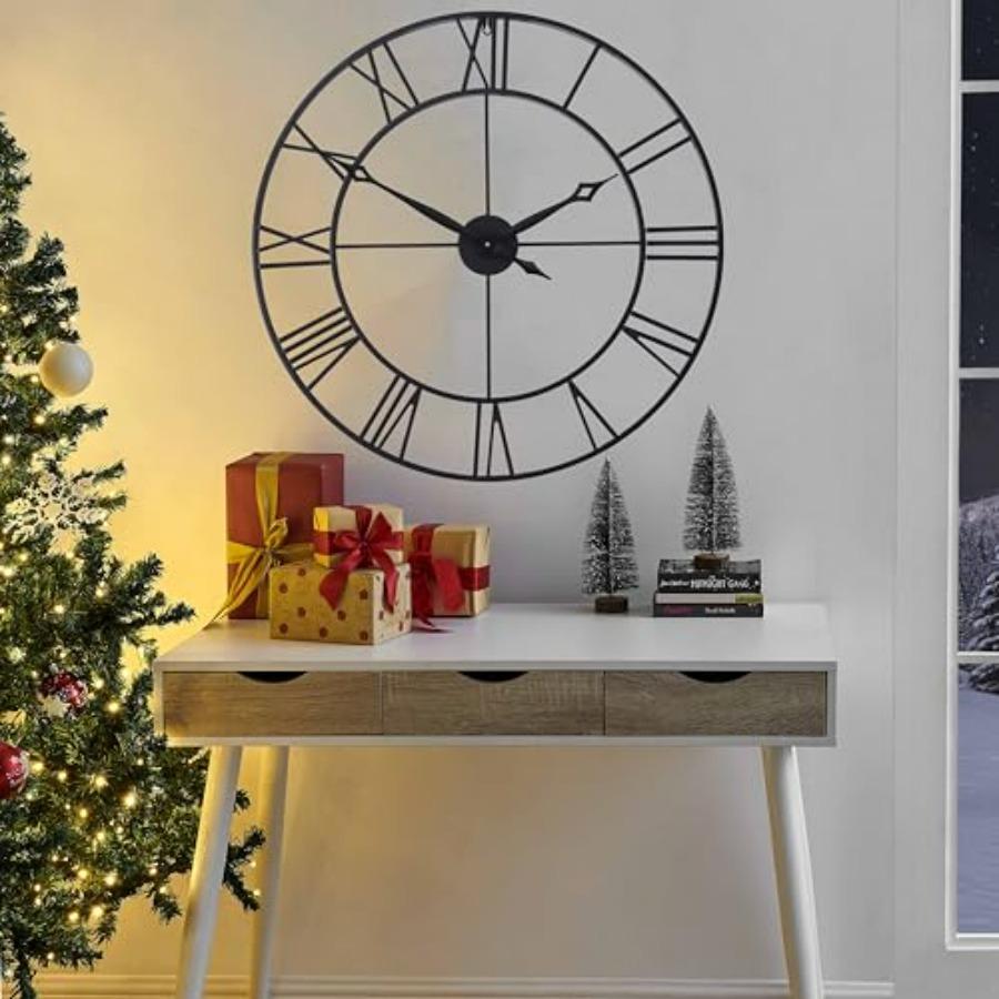 30 Inch Large Wall Clock Modern Oversized Roman Numeral Decorative Black Metal Wall Clock for Living Room Decor House Warming G