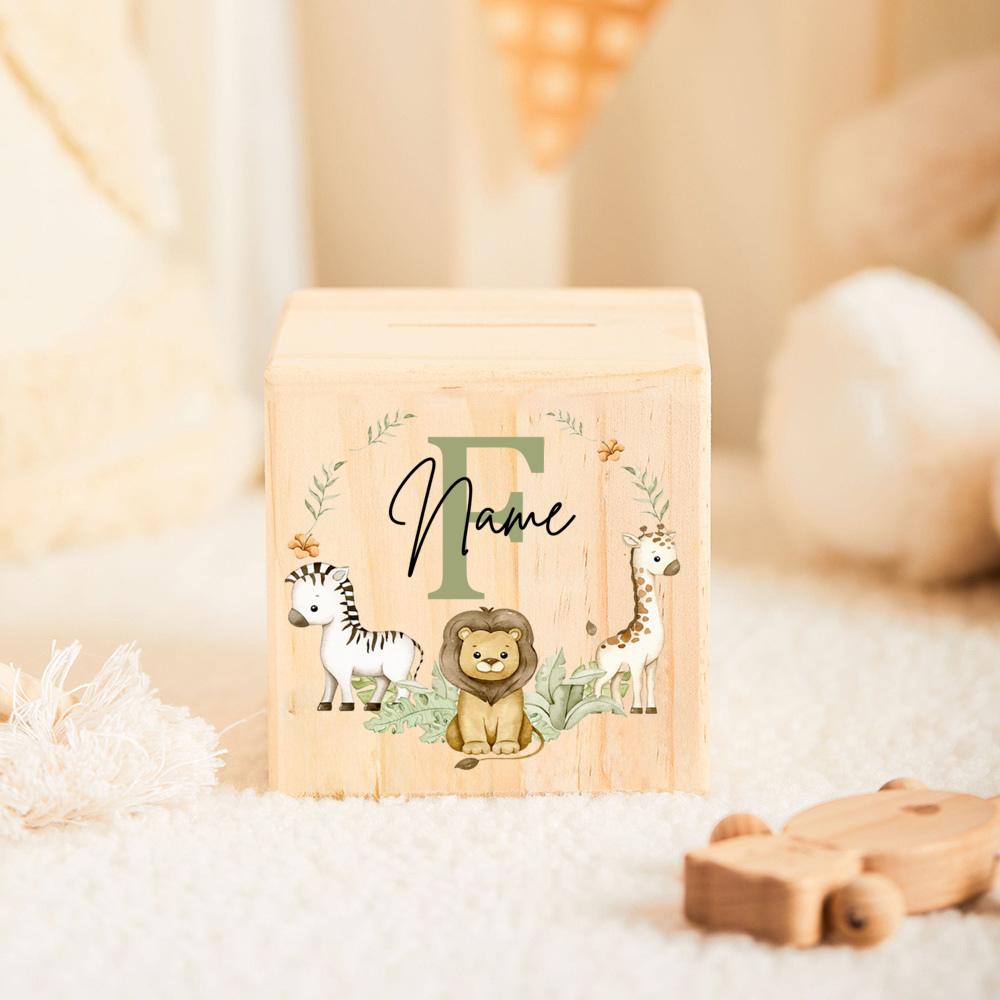 Personalized Money Box Initial with Name Kids Money Boxes Safari Animal Coin Collection Case Wooden Coin Bank Child Shower Gift