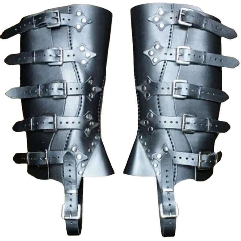 Medieval PU Leather Leg Guards Renaissance Warrior Boot Covers Equestrian Cosplay Gaiters