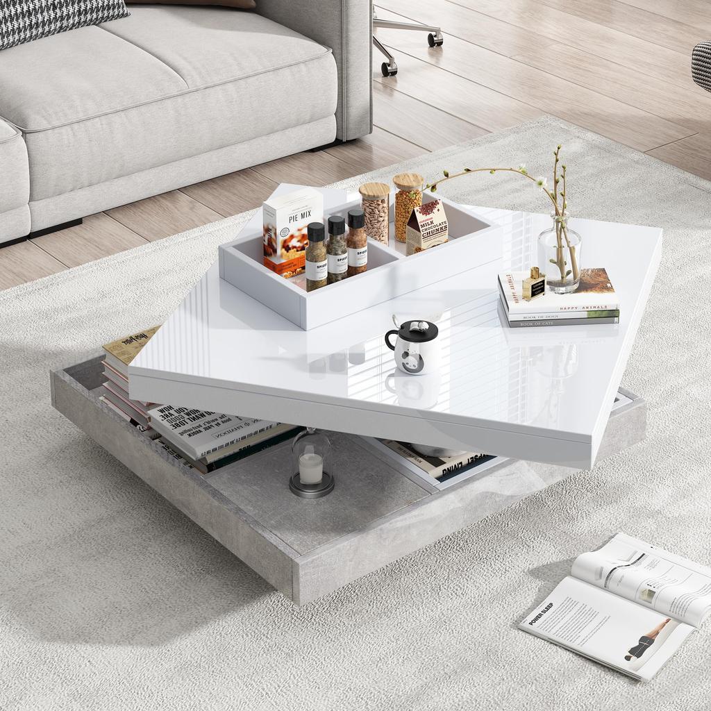 Couchtisch quadratische Drehbarer Moderner verstecktem Ablagefach, kreativer Sofatisch Kaffeetisch Mitteltisch Home Office, Weiß & Marmor