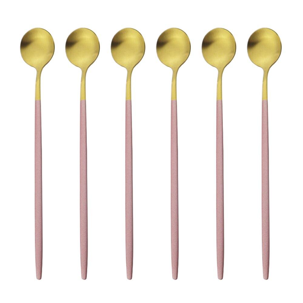 

6 шт., красочные столовые приборы с длинной ручкой, матовая ложка из нержавеющей стали, полированная, перемешивающий напиток, мороженое, десерт, чайная ложка, набор посуды