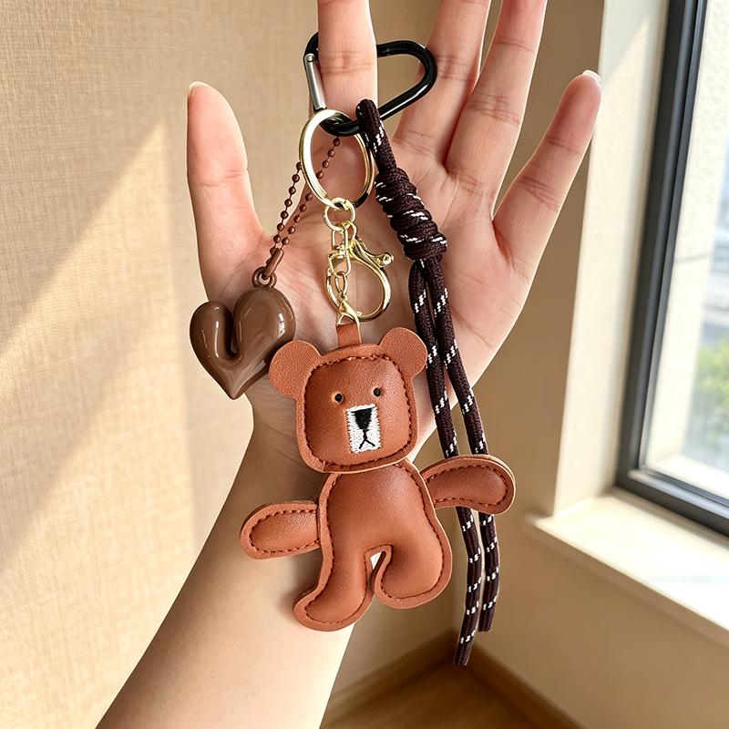 Yogodlns Adorable PU Leather Bear Keychain with Heart Bag Pendant Cute and Funny Purse Charm Relaxing Accessory Keychain