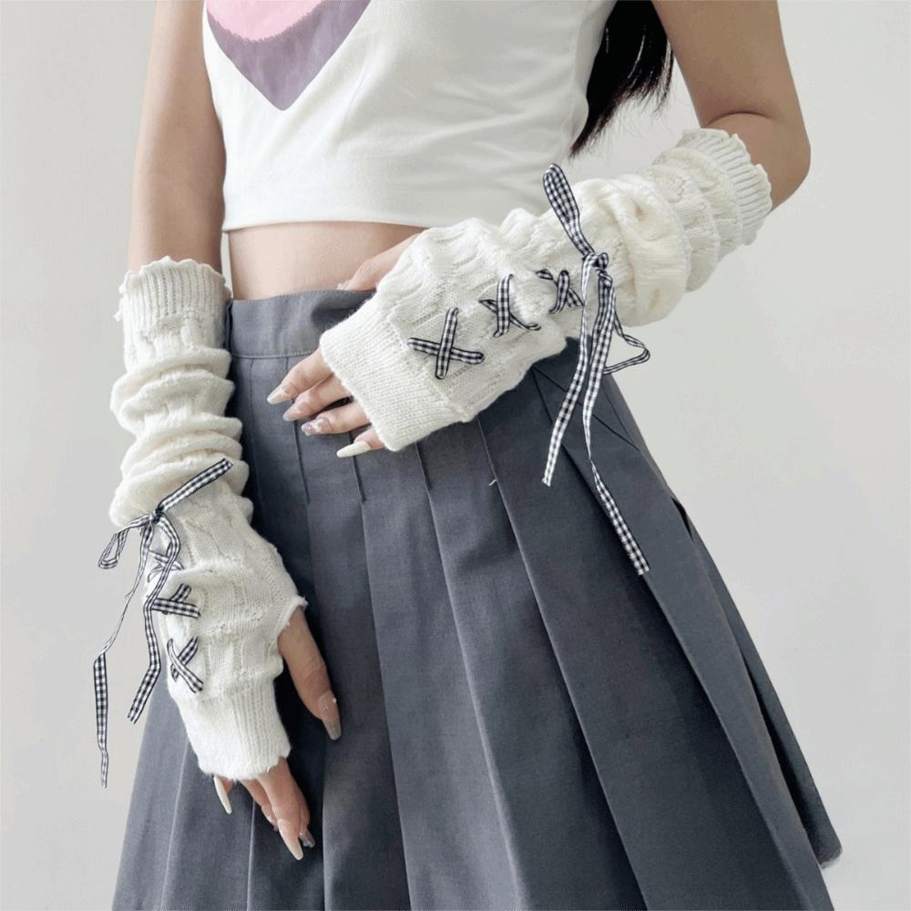 New Long Arm Warmer Gloves Knitted Cold Proof Warm Arm Sleeve with Ribbon Fingerless Gloves Women