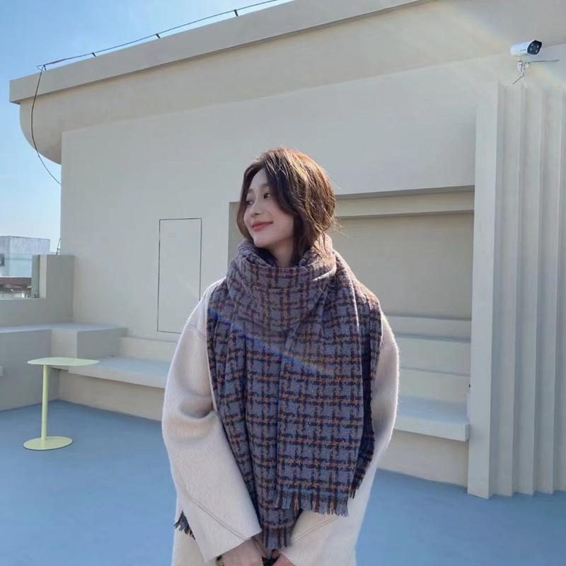 New Scarf Plaid Imitation Cashmere Korean Version Student Versatile British Style Scarf Short Fringe Live Broadcast Thick Shawl