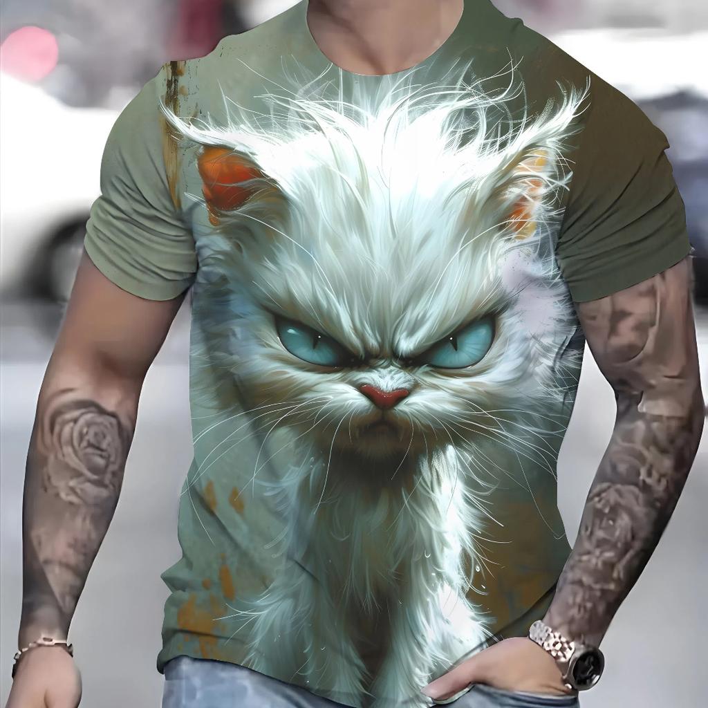 Men's Monster Graphic Print Short Sleeve Crew Neck Tee, Men's Clothing For Summer Soft Slight Stretch Polyester Blend Fabric