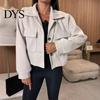 Big Pocket Jacket Fall Winter Women Turn-down Collar English Style Chest Pockets Windproof Lightweight Outwear Single-breasted Solid Color Button