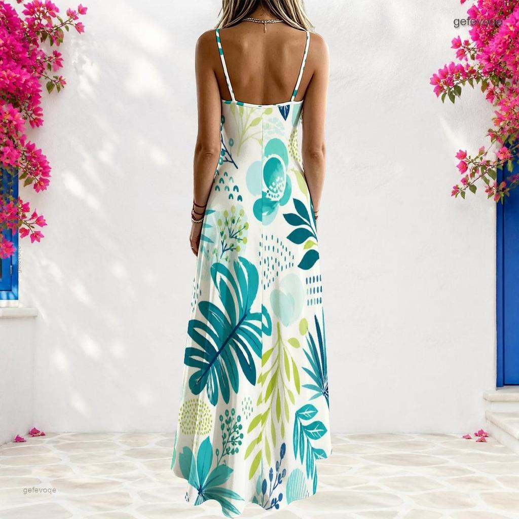 Women Plus Size V Neck Strappy Sleeveless Tropical Leaf Printed A Line Long Dress