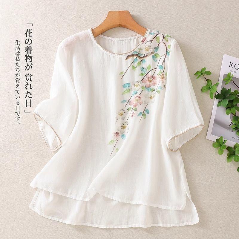 New retro cotton and linen T-shirt top women's summer thin loose cotton and linen short-sleeved cotton and linen shirt