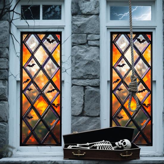 Halloween Window Sticker Stained Glass Style Witch Bats Decal Removable Pumpkins Ghosts Static Window Cling for Party Decoration