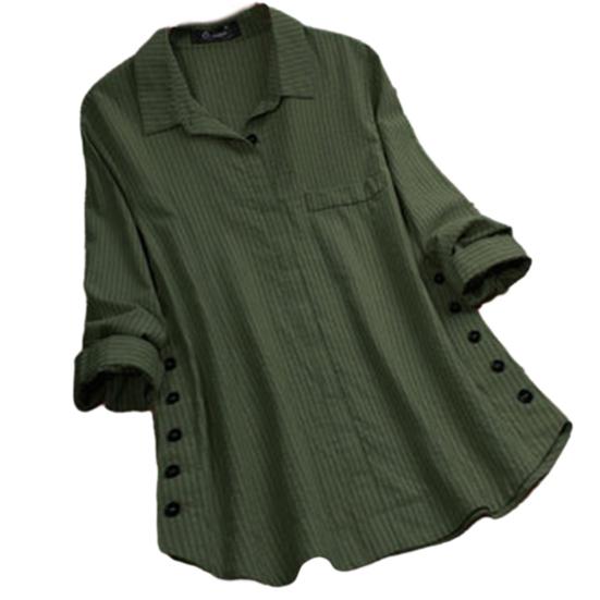 

Женская рубашка с длинным рукавом и лацканами, однобортная рубашка средней длины с неровными боковыми пуговицами, полосатый принт и фальшивый карман, топ 2XL зелёный