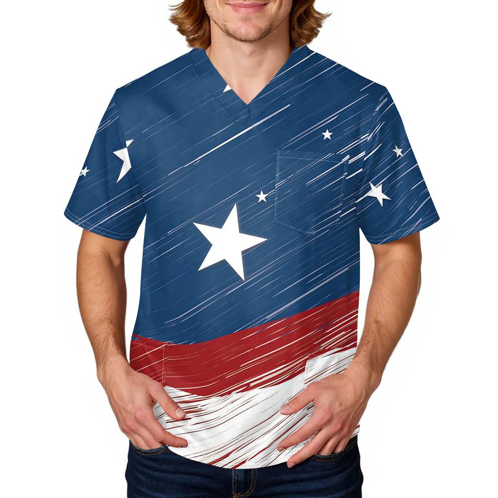 Men's Short Sleeve V Neck Medical Scrub Top with Pocket Independence Day Star Print Workwear Shirt for Healthcare Professionals