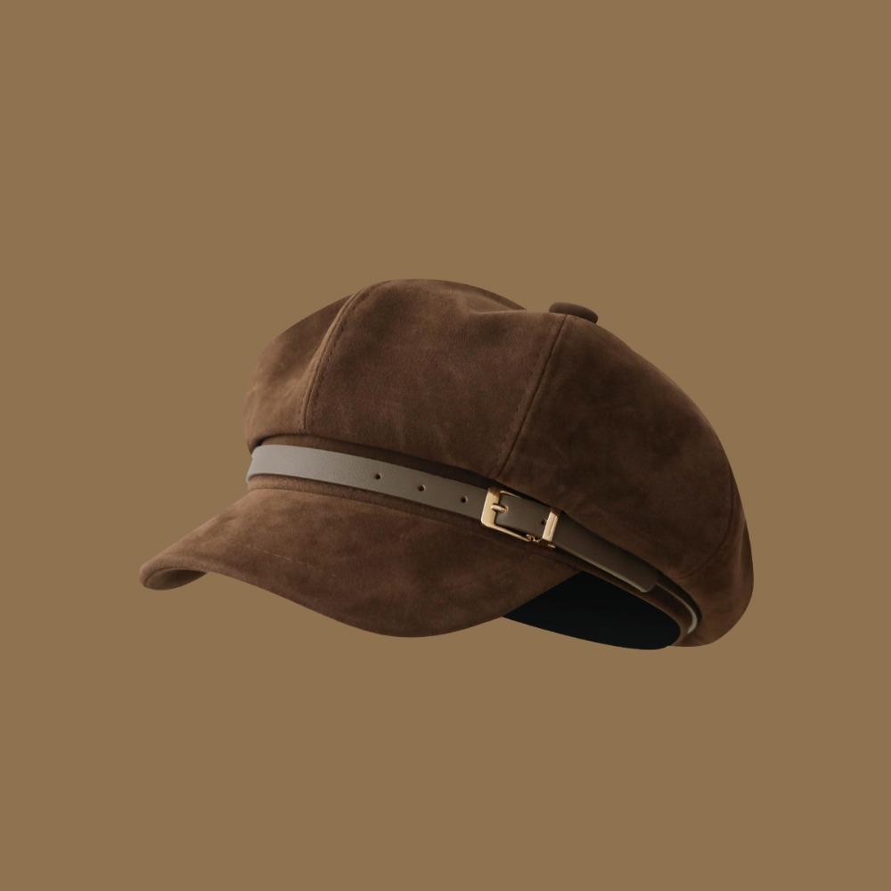 British Style Pu Leather Beret Brown Painter Hat Fashion Suede Octagonal Hat  Streetwear