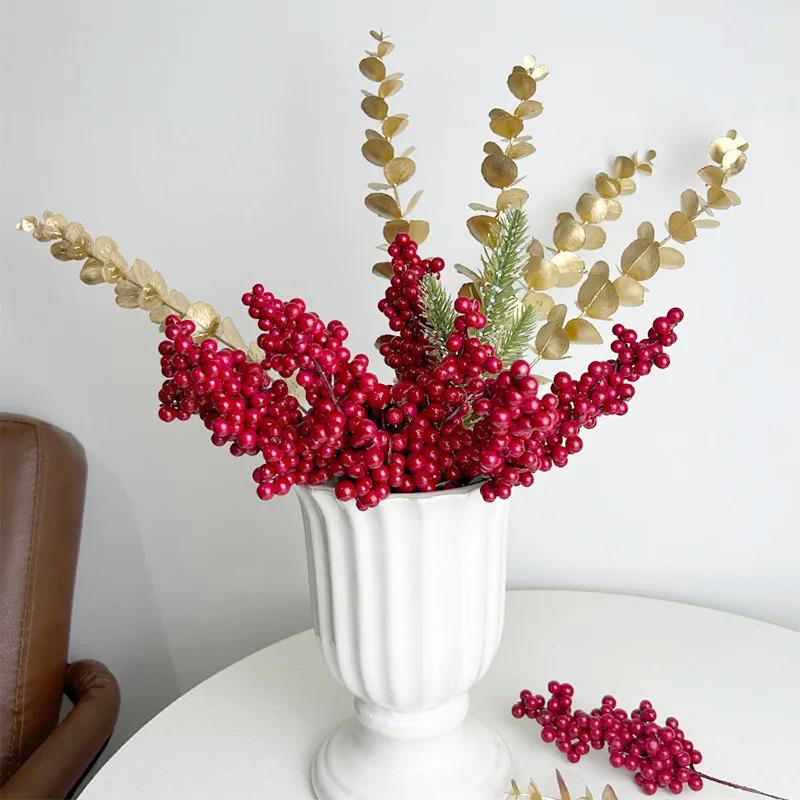 Christmas Red Berry Branches Artificial Holly Berries Stamen Fake Flowers Plants Ornaments for New Year Party Home Decor Gifts