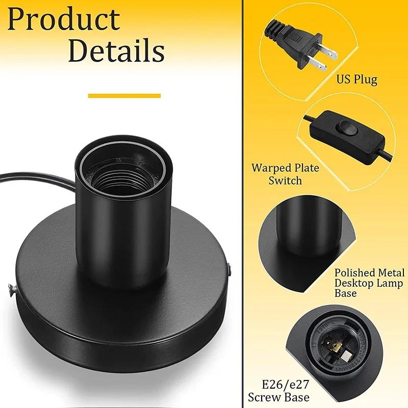 2PCS E27 Lamp Holder Black Metal Desktop Lamp Base Screw Light Bulb Holder with Cord On Off Switch Plug for Holding Bulb Room