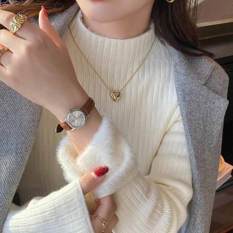 

Semi-turtleneck velvet warm inner knitted sweater women s autumn and winter new simple slim long-sleeved versatile integrated velvet base 411-193 (average size) білий