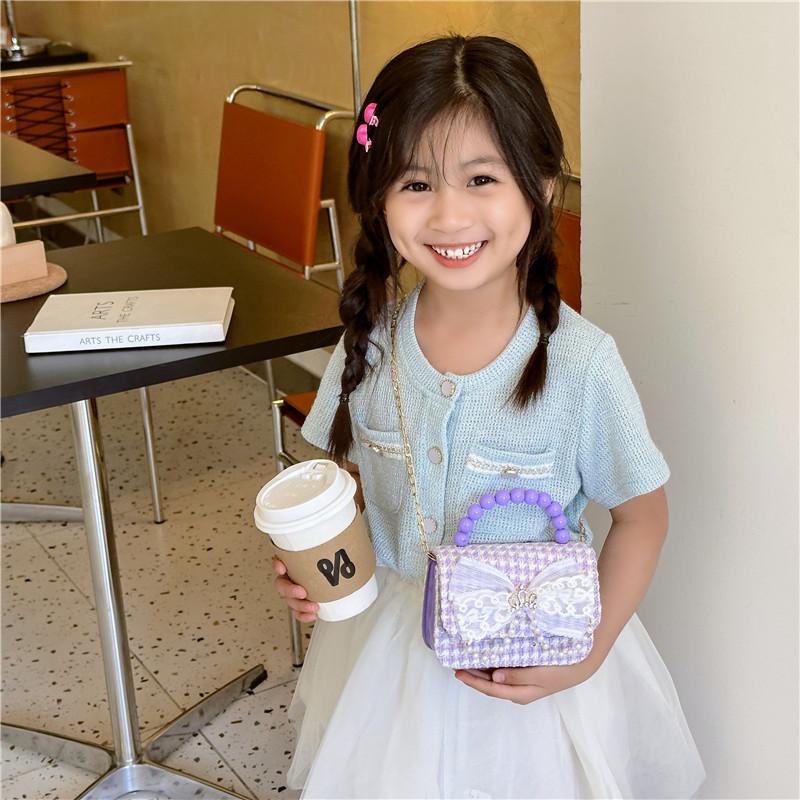 Adorable Girl's Bowknot Coin Purse Charming Pearl Handbag Trendy Chain Shoulder Bag