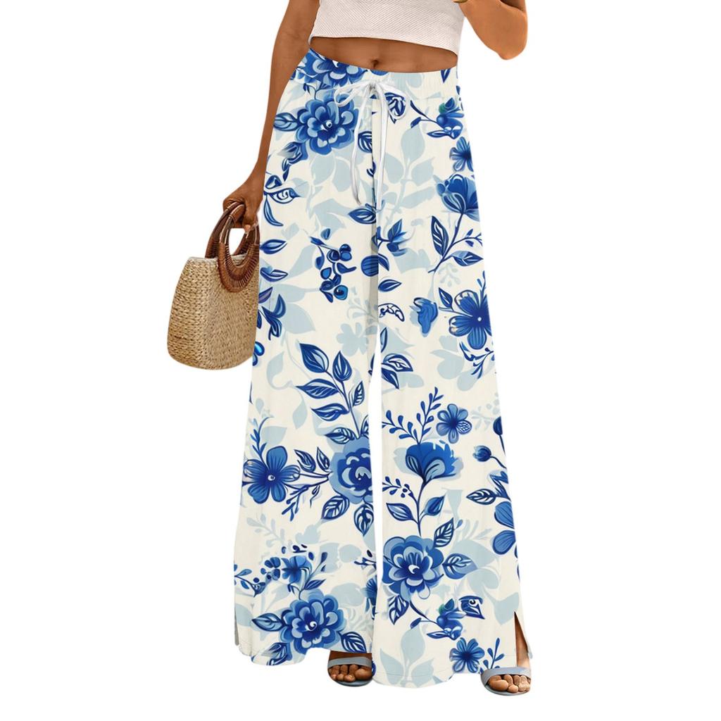 Dámské potištěné kalhoty s širokými nohavicemi s kapsami Vysoký pas Stahovací šňůrka Volné ležérní kalhoty