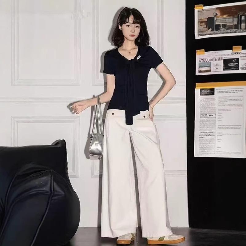 Age-reducing shawl straps front shoulder V-neck short-sleeved T-shirt women's summer unique thin navy collar design top