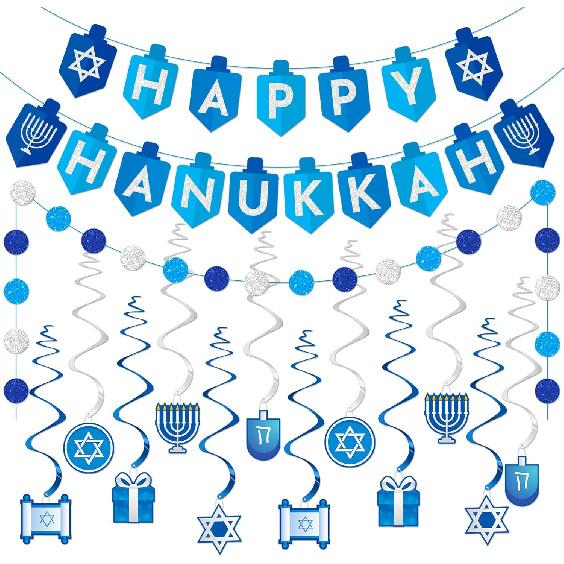 Hanukkah Decorations Indoor Banner, Blue Glitter Hanukkah Decor Party Supplies, Chanukkah Decorations for Home, Happy Hanukkah Sign Spiral