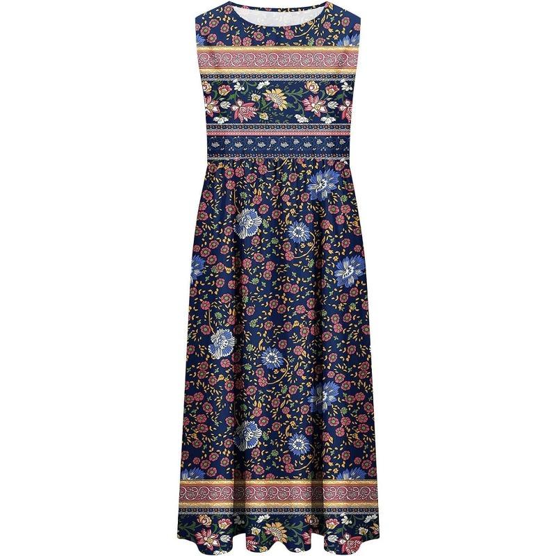 Sleeveless Summer Loose Printed Dress New Women's Bohemian Floral Casual A-line Dresses Large Size Beach Sundress with Pockets Flowing and Loose