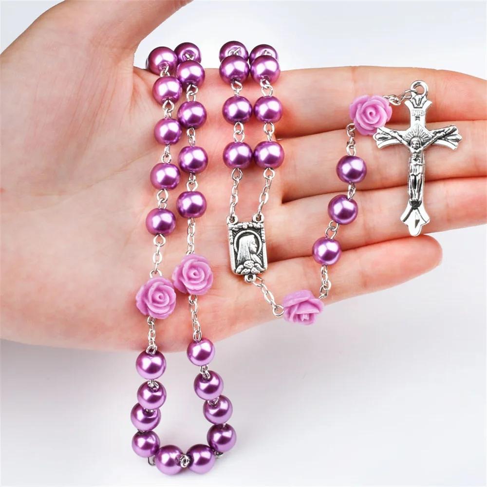 6MM Glass Beads Rosary Necklace For Women Crucifix Cross INRI Pendant Long Red Rose Chain Choker Female Religious Prayer Jewelry