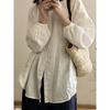 Spring/Summer 2026 Artistic Loose-Fit Plus Size Women's Linen Shirt with Pleated Stand Collar and Long Sleeves