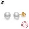 ORSA JEWELS Real 925 Sterling Silver Stud Earrings For Women Genuine Fresh Water Pearl 8 MM Gold-color Female Party Jewelry SE86