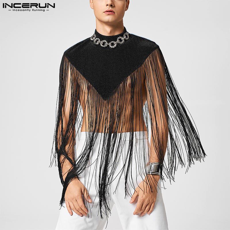INCERUN Letnie Męskie Wysoki Kołnierz Błyszczące Kratka Frędzle Półprzezroczyste Peleryny Top