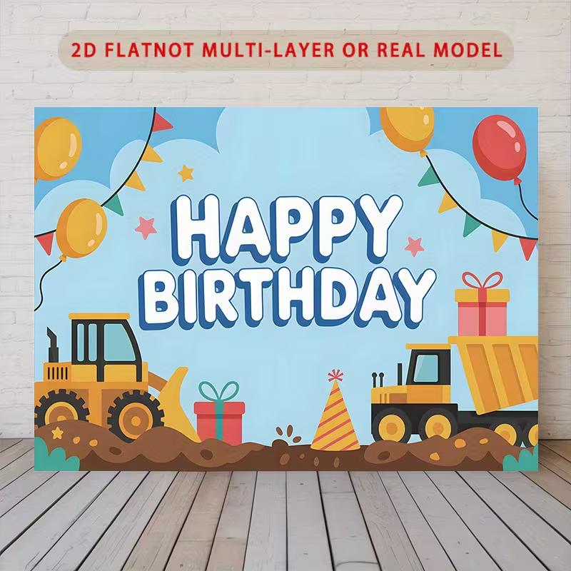 

2D Kids Construction Vehicle Birthday Photography Background with Gifts and Flags 47.2x31.5inch/120*80cm