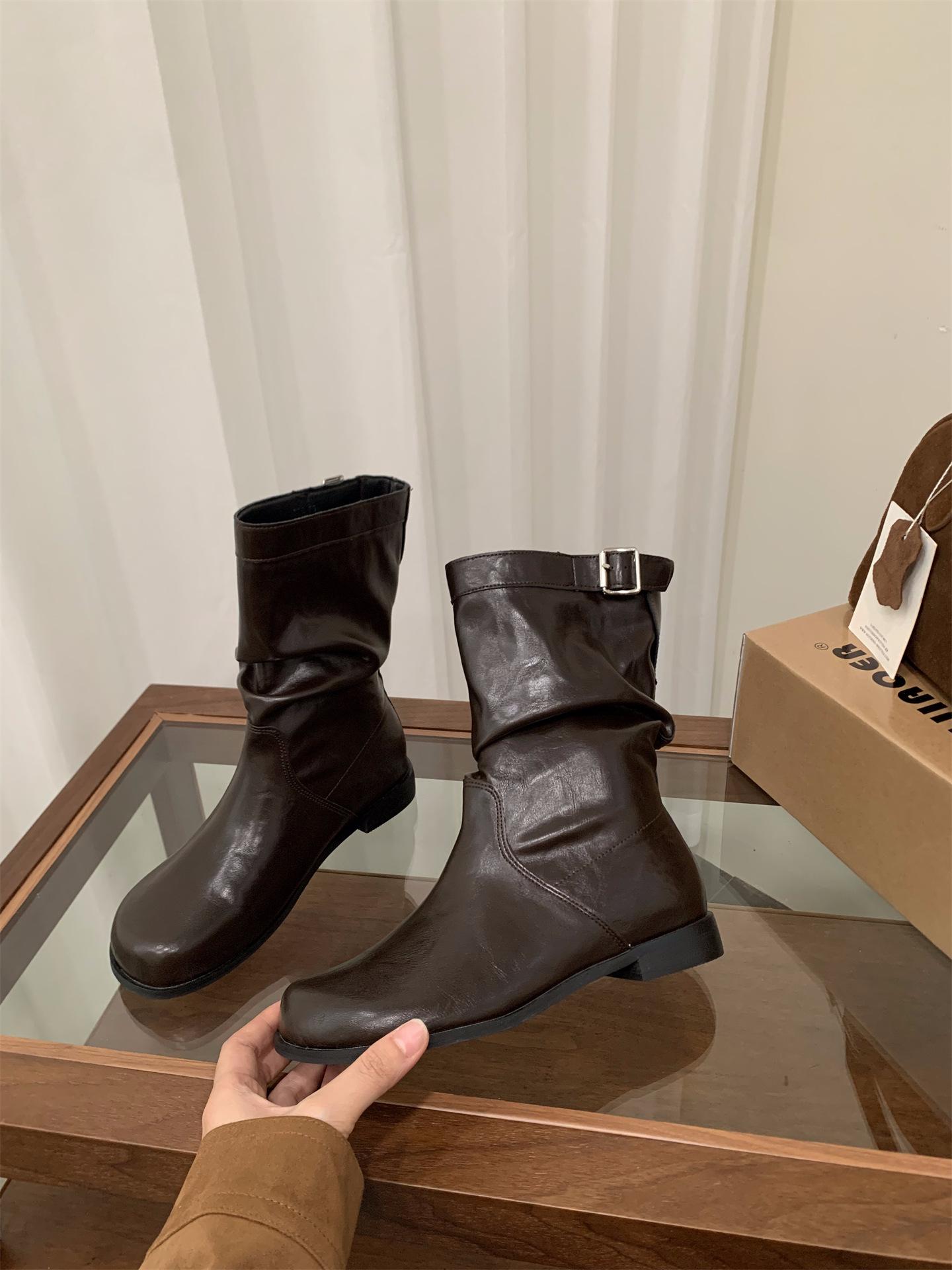 

Thick Heel Pile Medium Knight Boots Women s Boots 2025 New Spring and Autumn Black Martin Boots Skinny Brown Short Boots 39