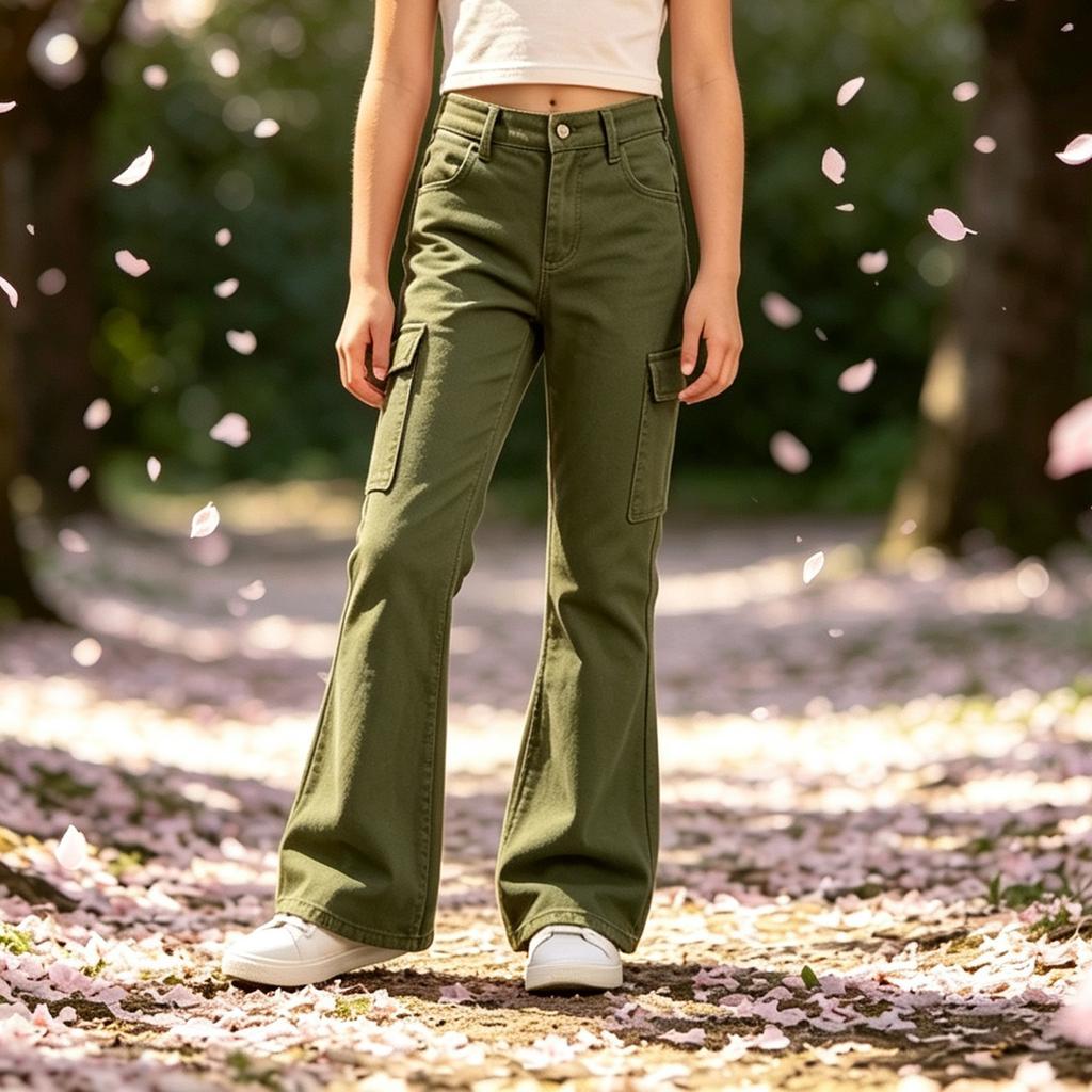 Girls Bell Bottom Pants Flared Leg Casual Color with Pockets for Big Kids