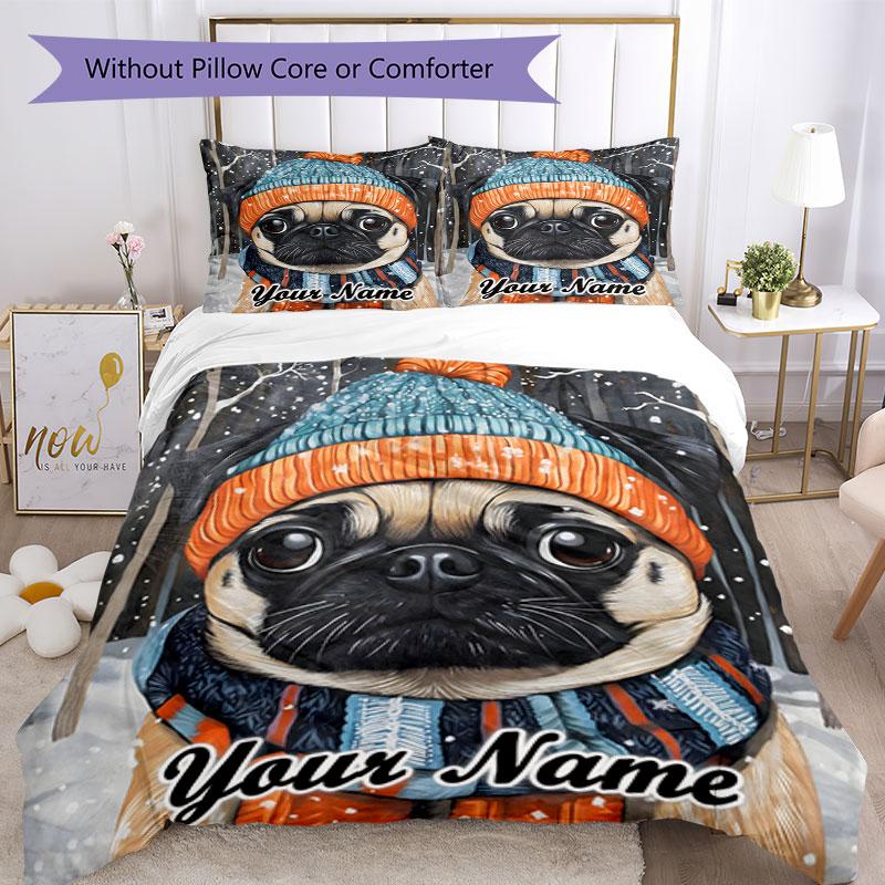 3PC Custom Name Winter Pug Portrait Bedding Set Duvet Cover Closure Includes 1 Duvet Cover & 2 Pillowcases for Bedroom