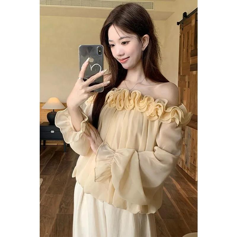 Women's New Gentle Style Retro Curled Slanted Shoulder Long-sleeved Shirt Women's Autumn Loose Slimming Off-the-shoulder Top