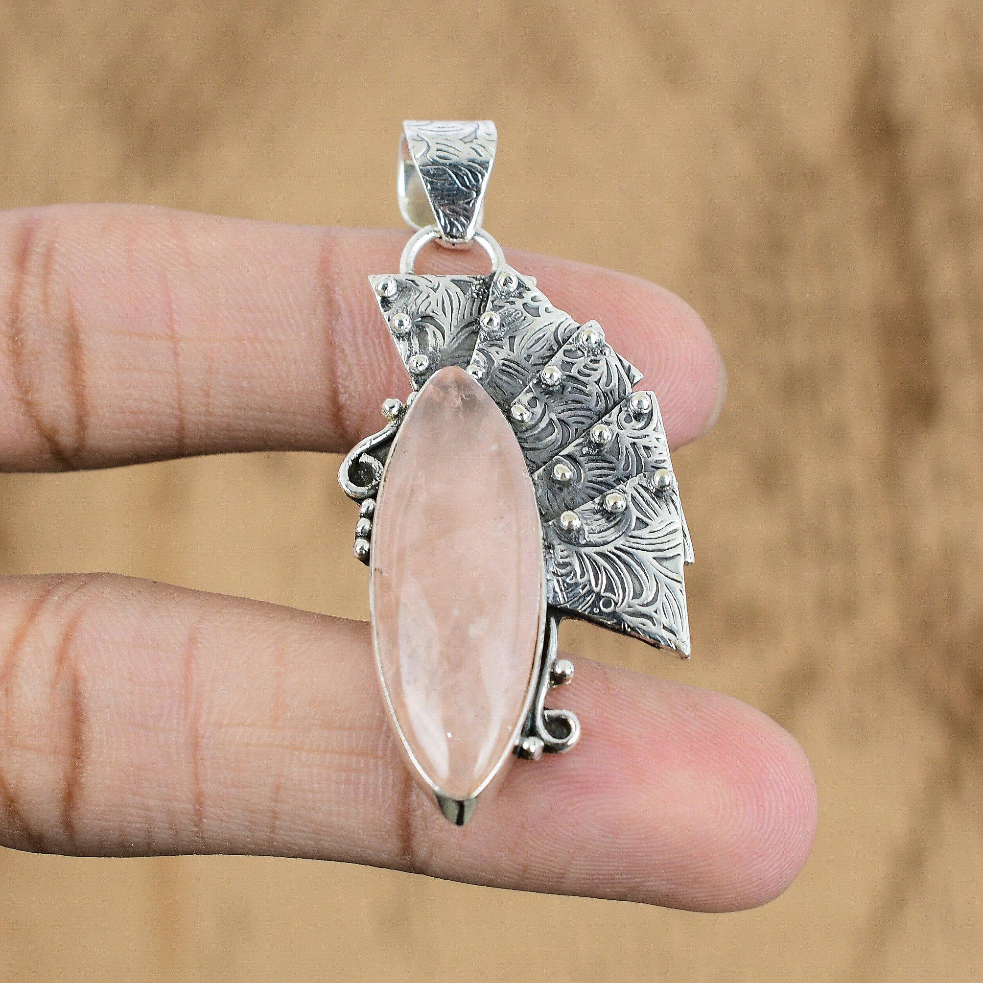 

Natural Rose Quartz Gemstone Pendant Pink 925 Sterling Silver Indian Jewelry