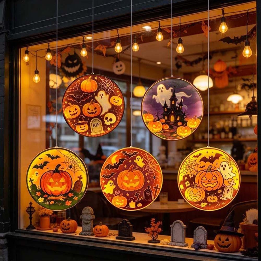 Double Sided Graphic Pumpkin Hanging Lamp Warm Yellow Glow Ghost Silhouette Light  Shop