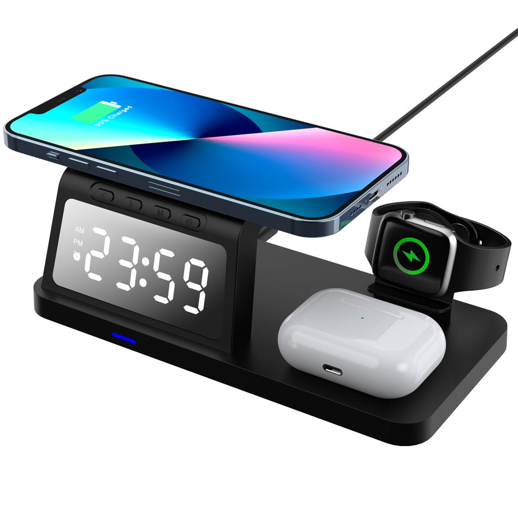 4 In 1 Wireless Charging Station 15W Fast Charger with Alarm Clock For Phone/Apple Watch/AirPods/Type-C/Home/Office