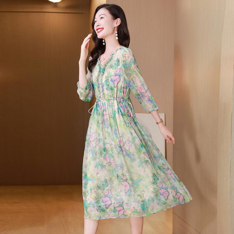 

Шелковое платье с V-образным вырезом, завязкой на талии и тонкое интеллектуальное модное платье из шелка тутового дерева средней длины XXL зелёный