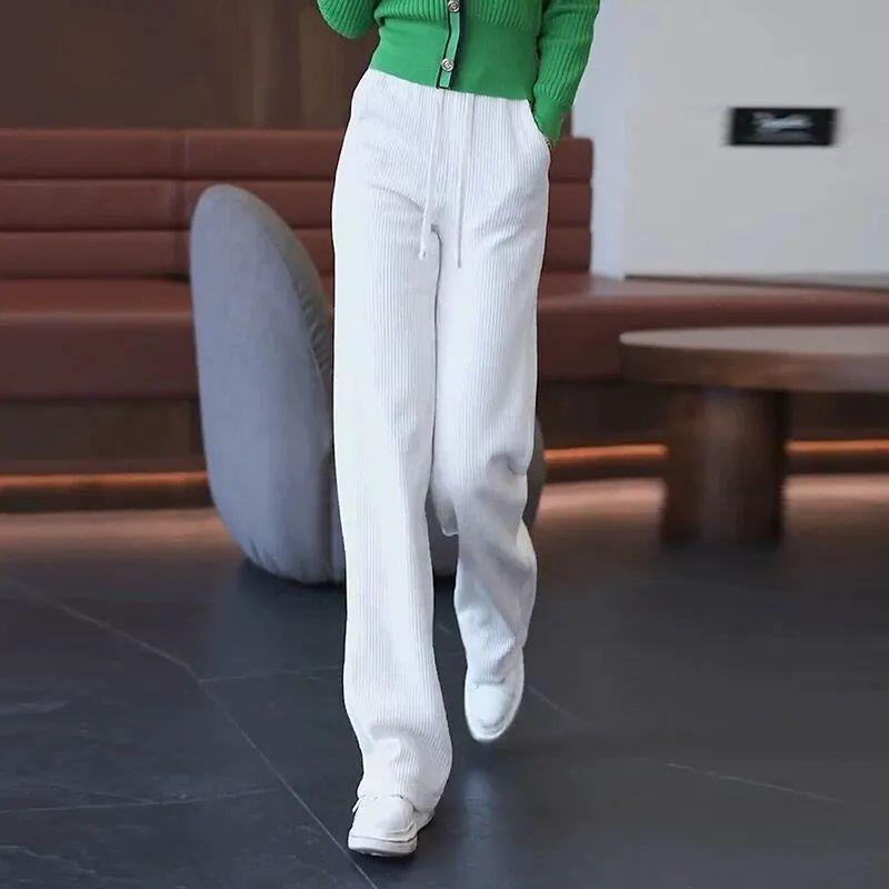 Women's Black Corduroy Wide-Leg Pants with Fleece Lining for Autumn/Winter 2025